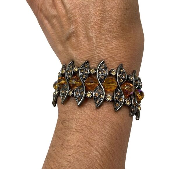 Antiqued Gold Tone and Yellow Stone Stretch Bracelet - Picture 1 of 4